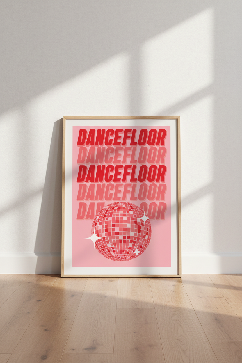 Retro Disco Ball Wall Art | Pink Typography Poster, Dorm Room Decor