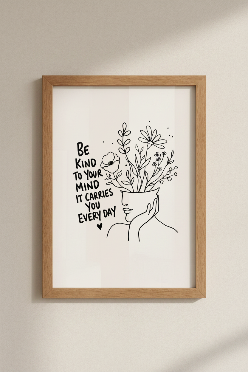 Be Kind To Your Mind Wall Art | Minimalist Line Art Poster | Mental Health Decor
