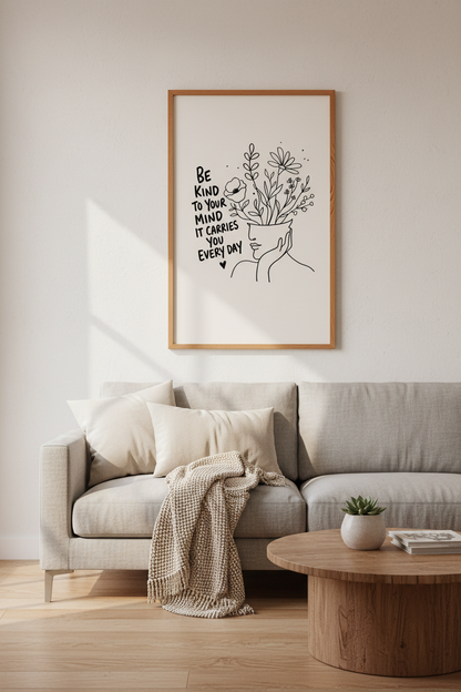 Be Kind To Your Mind Wall Art | Minimalist Line Art Poster | Mental Health Decor