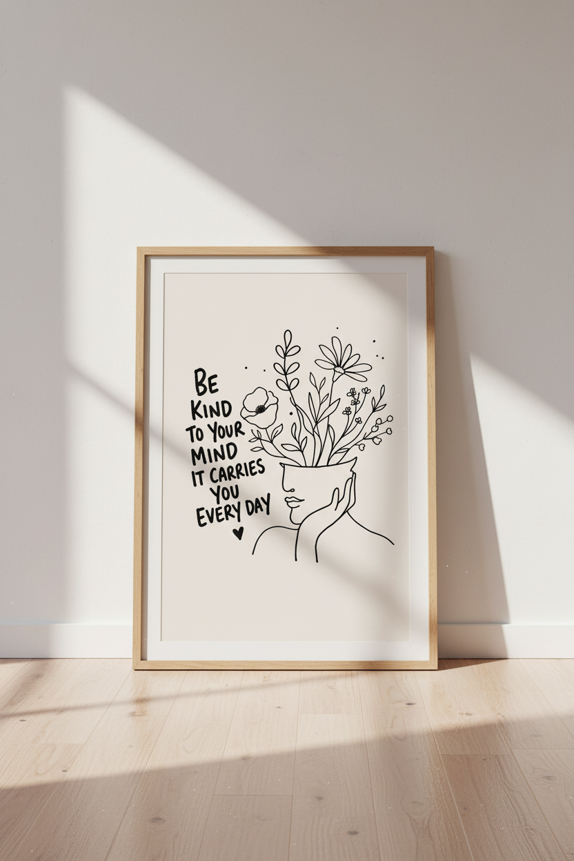 Be Kind To Your Mind Wall Art | Minimalist Line Art Poster | Mental Health Decor