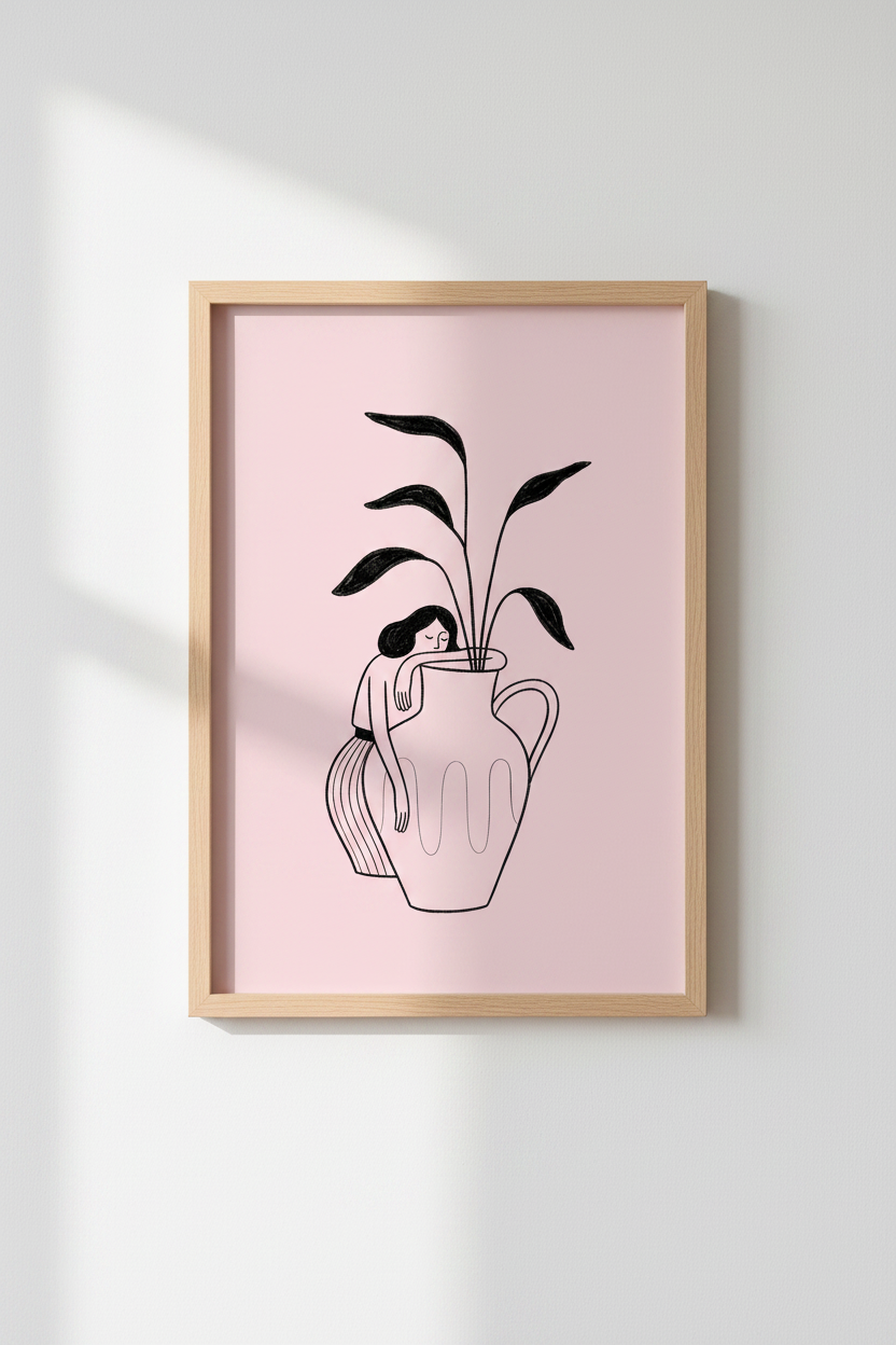 Minimalist Woman with Vase Art | Pink Botanical Line Drawing, Modern Bedroom Decor