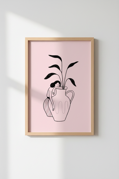 Minimalist Woman with Vase Art | Pink Botanical Line Drawing, Modern Bedroom Decor