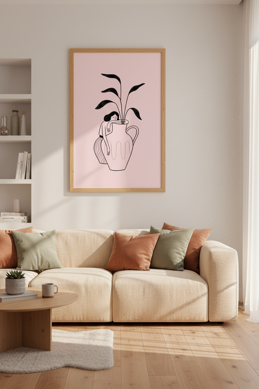 Minimalist Woman with Vase Art | Pink Botanical Line Drawing, Modern Bedroom Decor