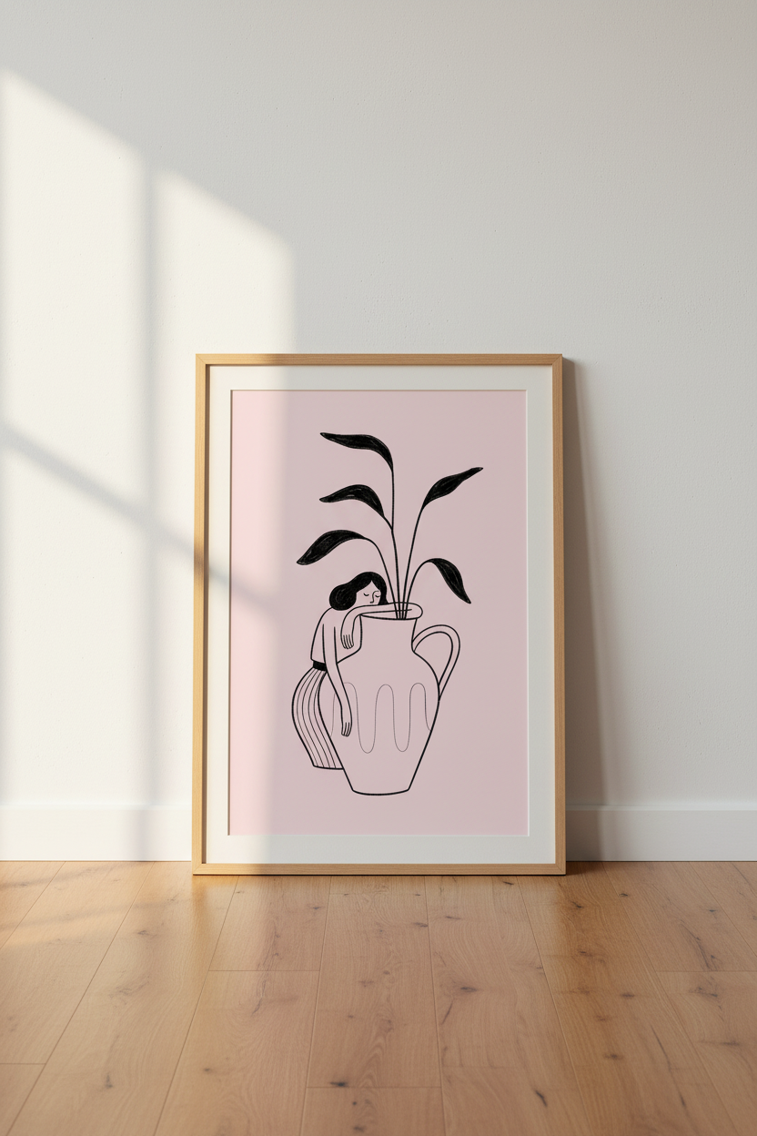 Minimalist Woman with Vase Art | Pink Botanical Line Drawing, Modern Bedroom Decor