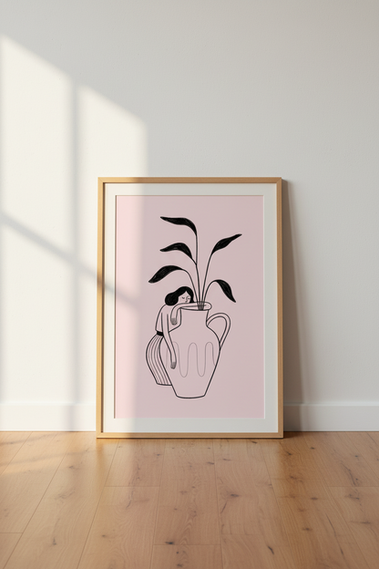 Minimalist Woman with Vase Art | Pink Botanical Line Drawing, Modern Bedroom Decor