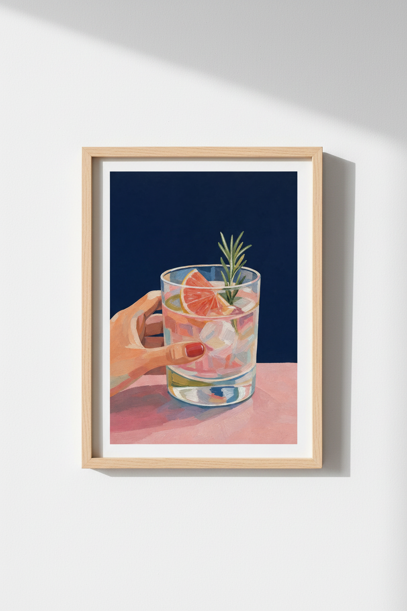 Cocktail Kitchen Poster | Gin &amp; Tonic Pink Drink Print, Navy Blue Bar Cart Decor