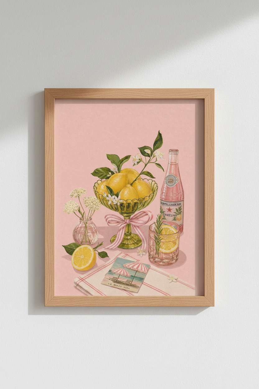 Citrus Kitchen Wall Art | Italian Summer Lemon Poster, Pink Dining Decor