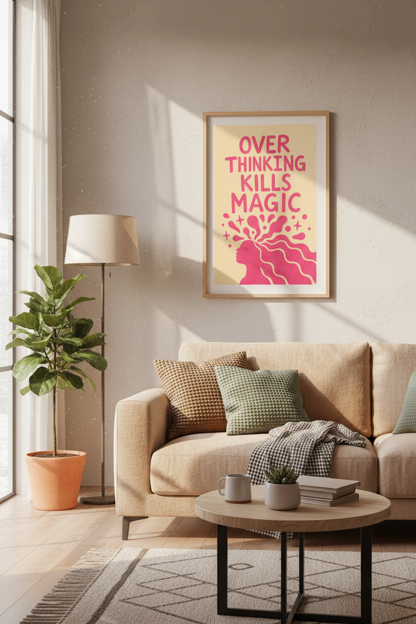 Preppy Pink Quote Print | Overthinking Kills Magic Poster | Mental Health Bedroom Decor