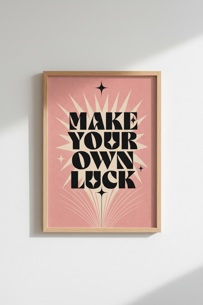 Retro Typography Print | Pink &amp; Black Luck Quote Poster | Home Office Wall Art