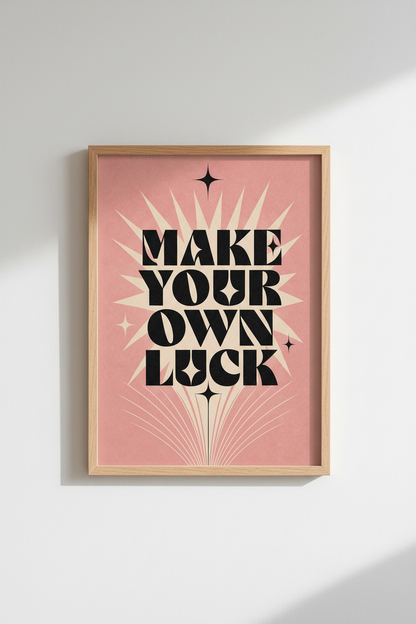 Retro Typography Print | Pink &amp; Black Luck Quote Poster | Home Office Wall Art
