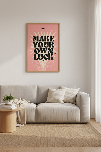 Retro Typography Print | Pink &amp; Black Luck Quote Poster | Home Office Wall Art