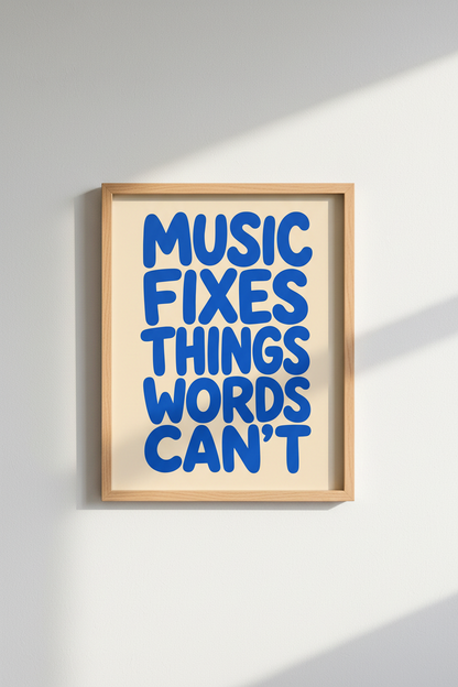 Music Fixes Things Wall Art Print | Blue Modern Typography, Music Room Decor