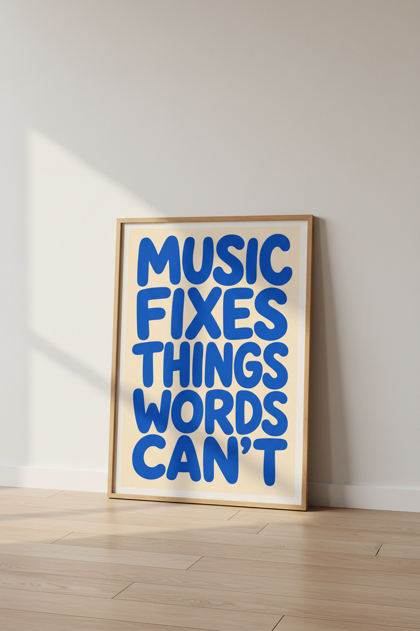 Music Fixes Things Wall Art Print | Blue Modern Typography, Music Room Decor