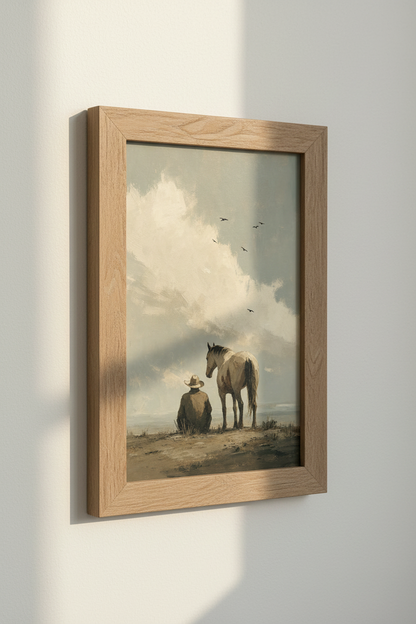 Cowboy &amp; Horse Painting | Rustic Western Decor, Neutral Modern Farmhouse Poster