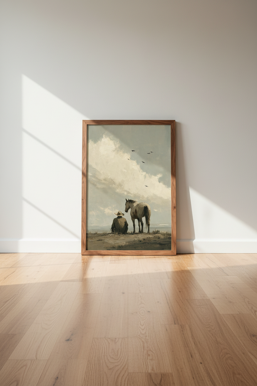 Cowboy &amp; Horse Painting | Rustic Western Decor, Neutral Modern Farmhouse Poster