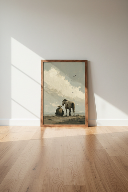 Cowboy &amp; Horse Painting | Rustic Western Decor, Neutral Modern Farmhouse Poster