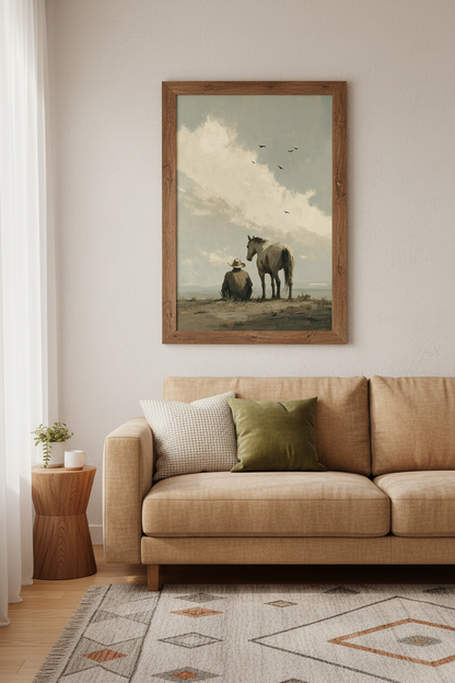 Cowboy &amp; Horse Painting | Rustic Western Decor, Neutral Modern Farmhouse Poster