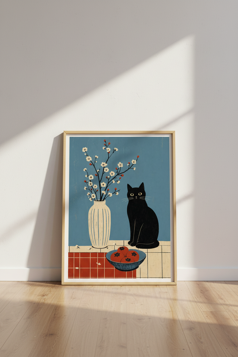 Black Cat &amp; Blossom Wall Art | Japanese Minimalist Poster, Living Room Decor