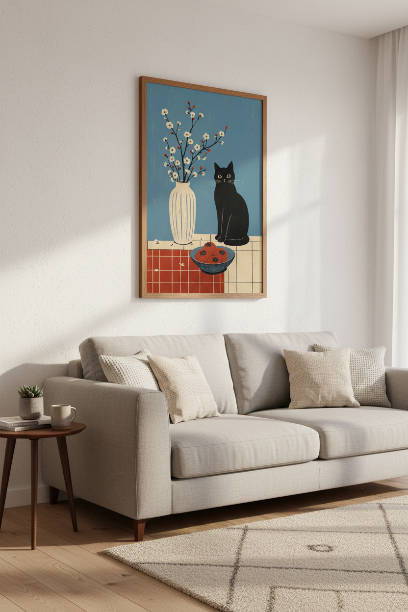 Black Cat &amp; Blossom Wall Art | Japanese Minimalist Poster, Living Room Decor