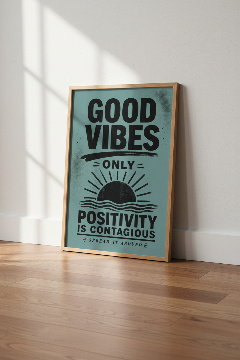 Good Vibes Positivity Print | Retro Teal Motivational Wall Art, Office Decor