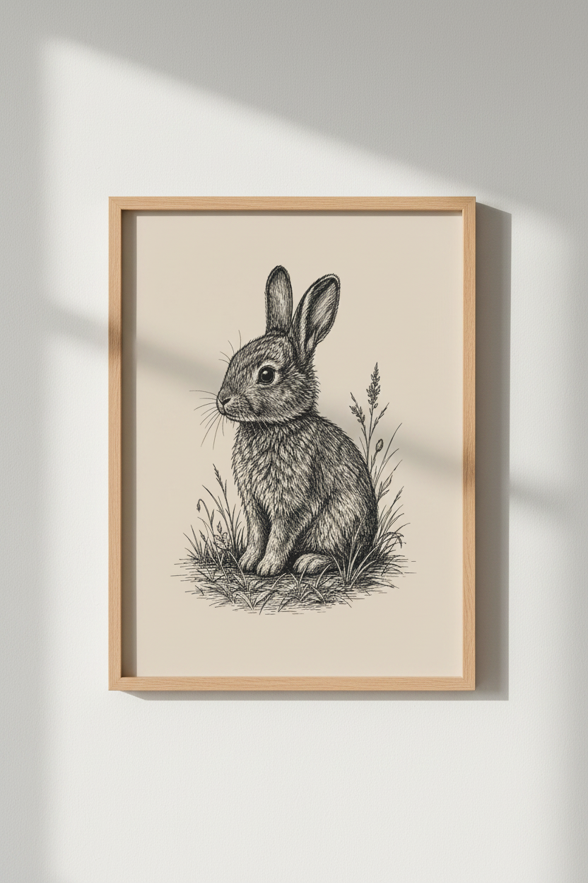 Vintage Rabbit Ink Sketch Wall Art | Woodland Nursery Decor | Rustic Bunny Poster