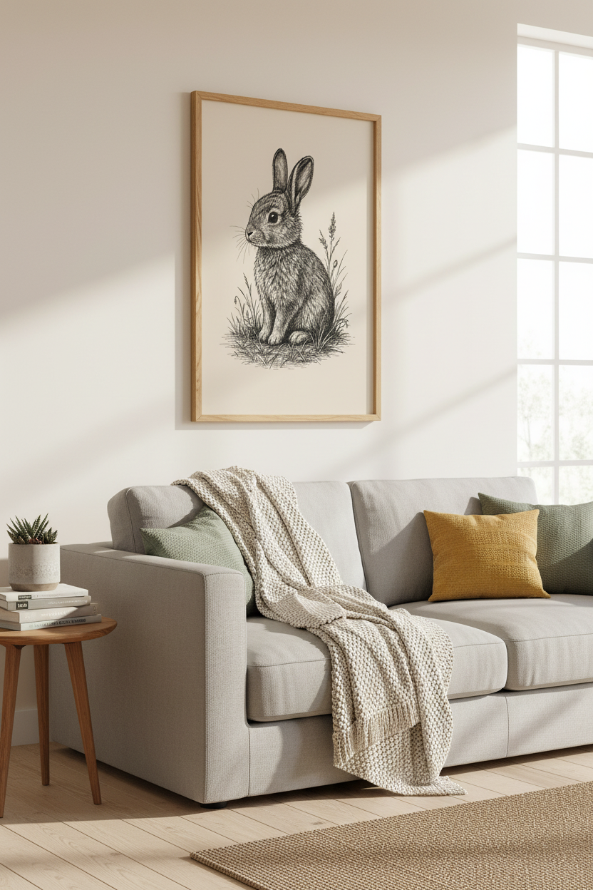 Vintage Rabbit Ink Sketch Wall Art | Woodland Nursery Decor | Rustic Bunny Poster