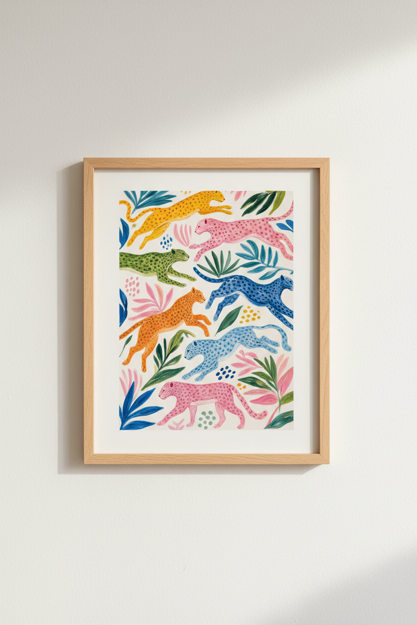 Leopard Jungle Art Print | Maximalist Colorful Cheetah Poster, Tropical Nursery Decor