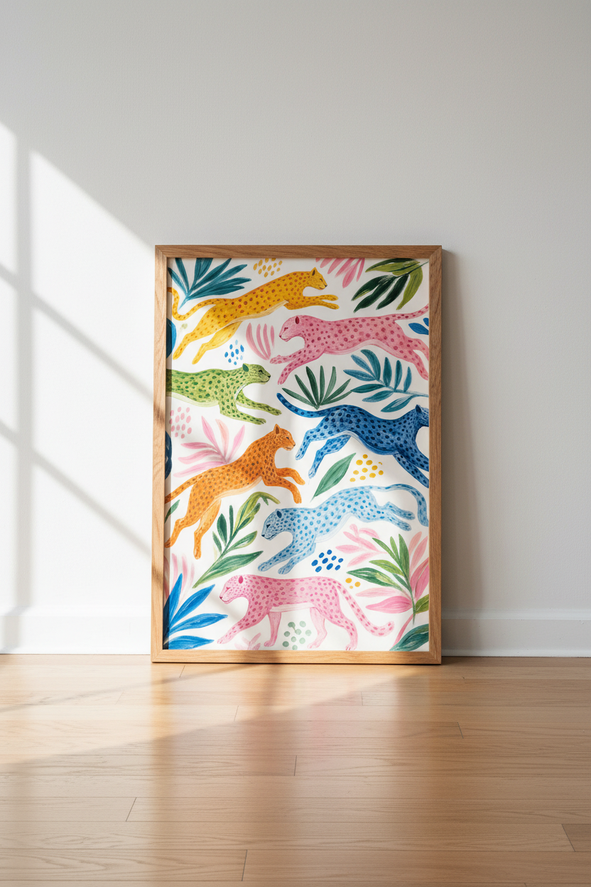 Leopard Jungle Art Print | Maximalist Colorful Cheetah Poster, Tropical Nursery Decor