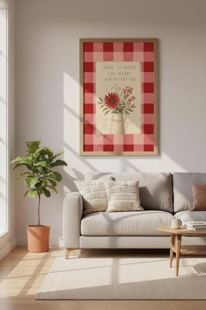 Muddy Paw Prints Art | Red Gingham Floral, Farmhouse Pet Wall Decor