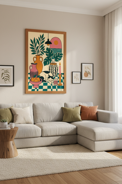 Cat Still Life Art Print | Boho Botanical Decor | Maximalist Folk Art Poster