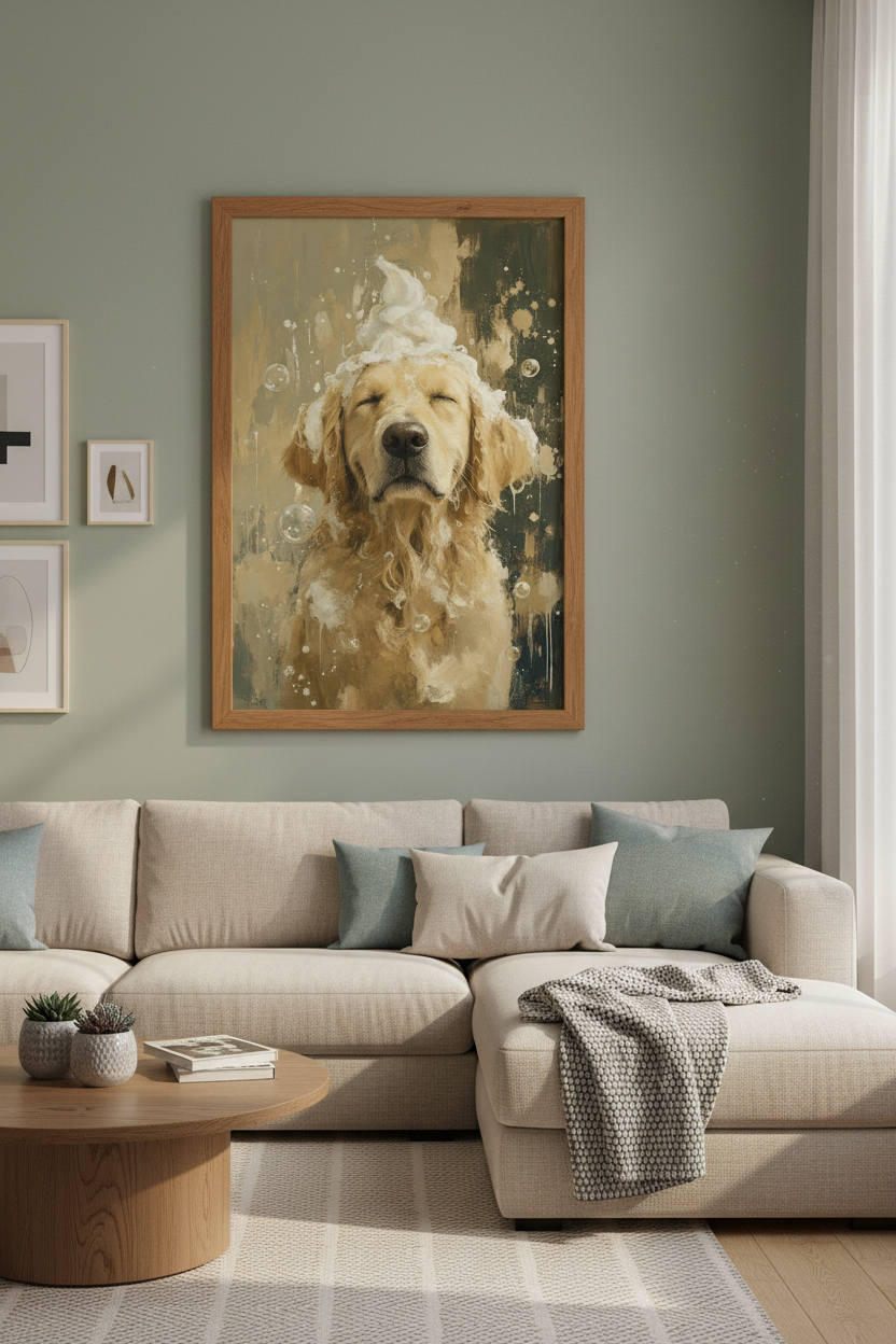 Golden Retriever Bath Time Art | Funny Dog Bathroom Decor | Neutral Oil Style Poster