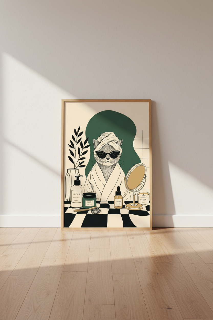 Cat Spa Day Wall Art | Green &amp; Beige Retro Decor | Chic Skincare Poster
