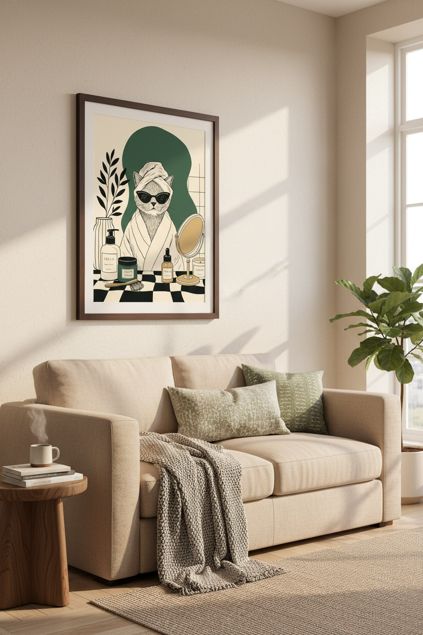 Cat Spa Day Wall Art | Green &amp; Beige Retro Decor | Chic Skincare Poster