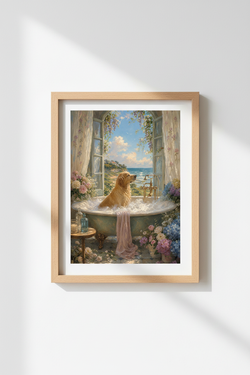 Golden Retriever art print | Whimsical Dog in Bathtub, Impressionist Coastal Wall Art
