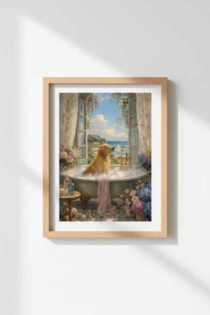 Golden Retriever art print | Whimsical Dog in Bathtub, Impressionist Coastal Wall Art
