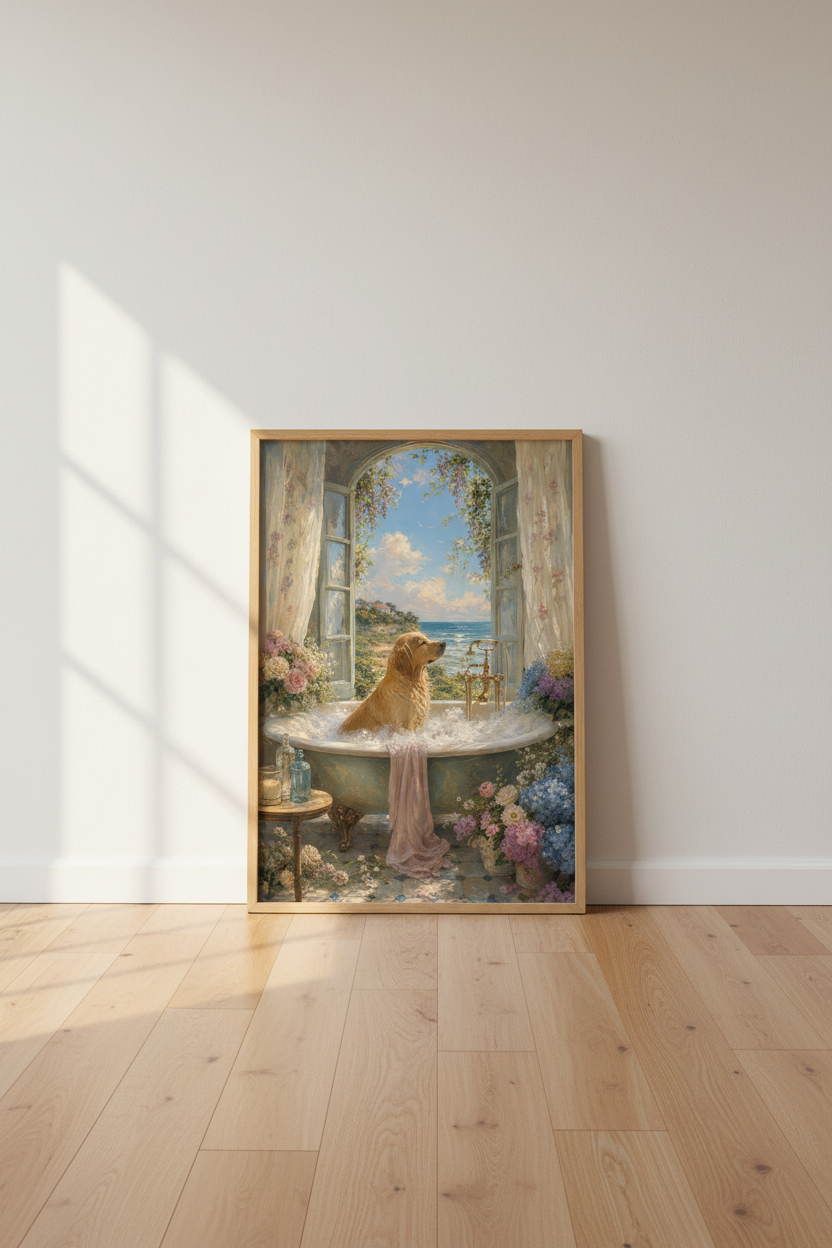 Golden Retriever art print | Whimsical Dog in Bathtub, Impressionist Coastal Wall Art