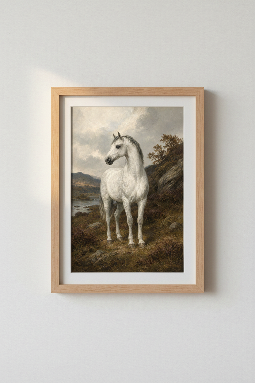 White Horse Oil Painting | Vintage Equestrian Poster, Farmhouse Neutral Wall Art