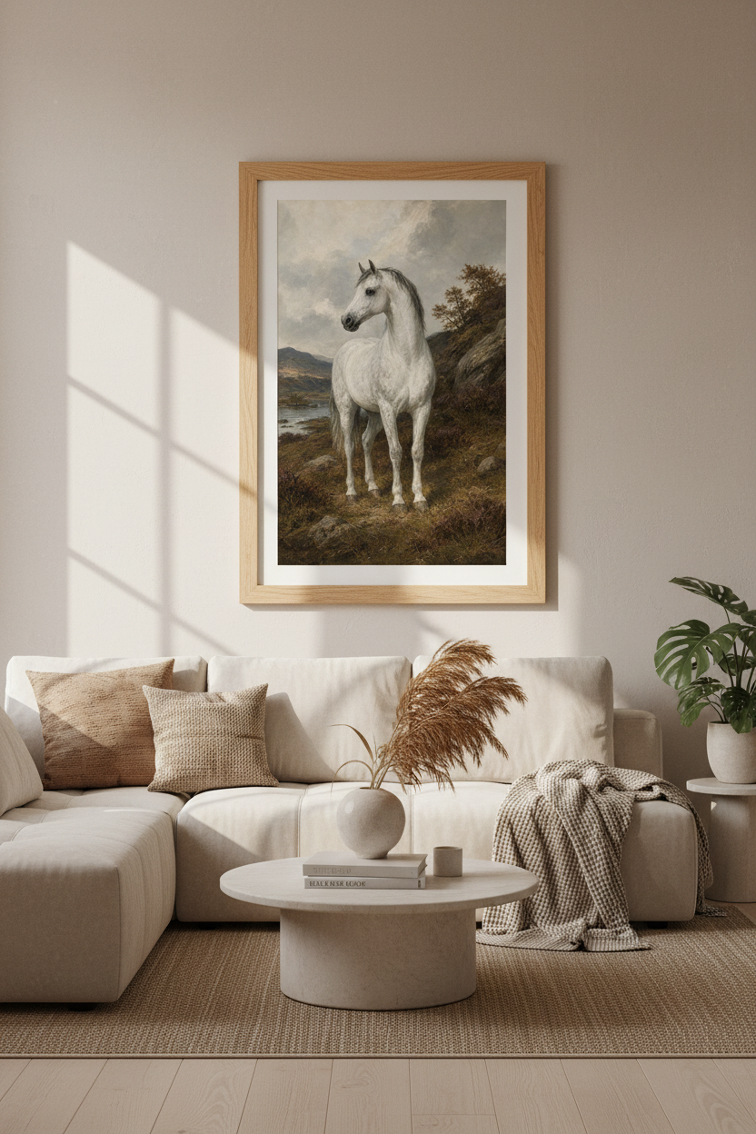White Horse Oil Painting | Vintage Equestrian Poster, Farmhouse Neutral Wall Art