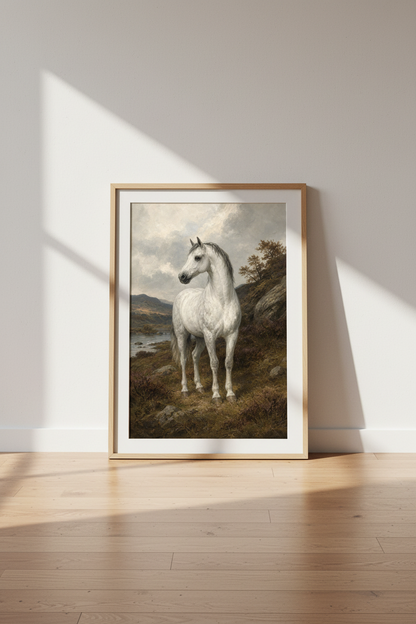 White Horse Oil Painting | Vintage Equestrian Poster, Farmhouse Neutral Wall Art