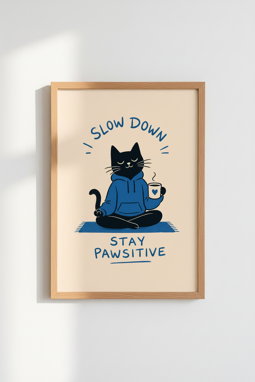 Yoga Cat Wall Art Print | Slow Down Stay Pawsitive Poster | Modern Office Decor