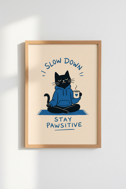 Yoga Cat Wall Art Print | Slow Down Stay Pawsitive Poster | Modern Office Decor