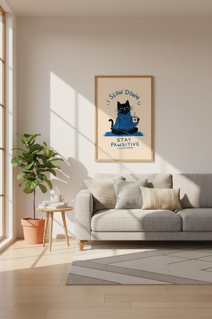Yoga Cat Wall Art Print | Slow Down Stay Pawsitive Poster | Modern Office Decor