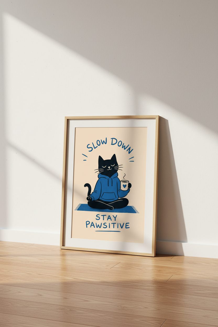 Yoga Cat Wall Art Print | Slow Down Stay Pawsitive Poster | Modern Office Decor