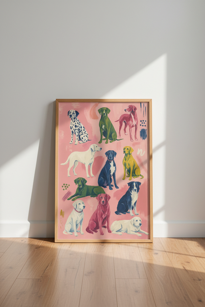 Colorful Dog Breed Wall Art | Pink Eclectic Pet Poster | Modern Dopamine Decor