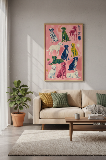 Colorful Dog Breed Wall Art | Pink Eclectic Pet Poster | Modern Dopamine Decor