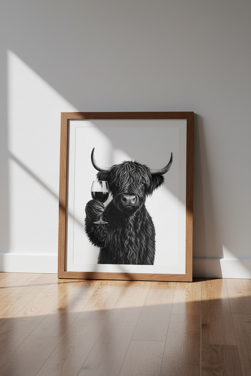 Highland Cow with Red Wine Wall Art | Kitchen Bar Decor | Funny Farmhouse Poster
