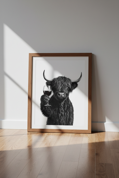 Highland Cow with Red Wine Wall Art | Kitchen Bar Decor | Funny Farmhouse Poster