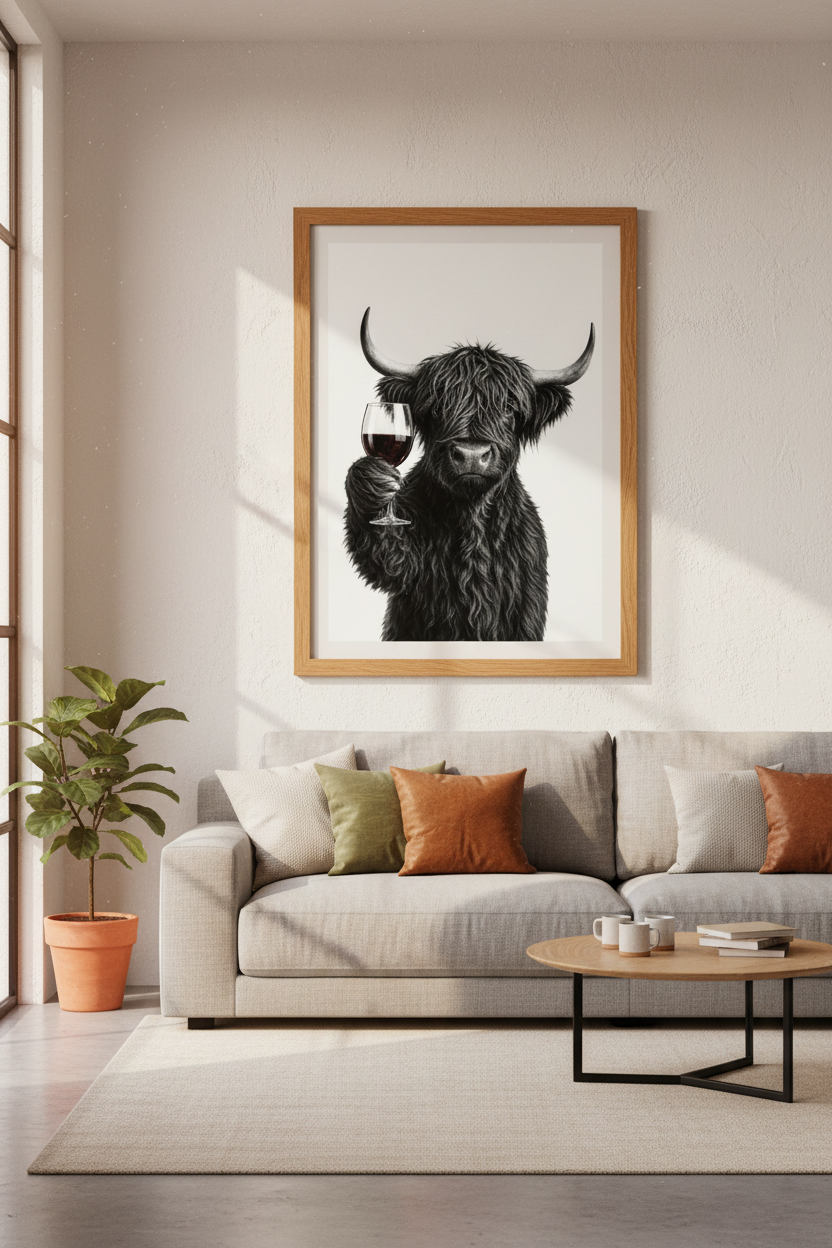Highland Cow with Red Wine Wall Art | Kitchen Bar Decor | Funny Farmhouse Poster