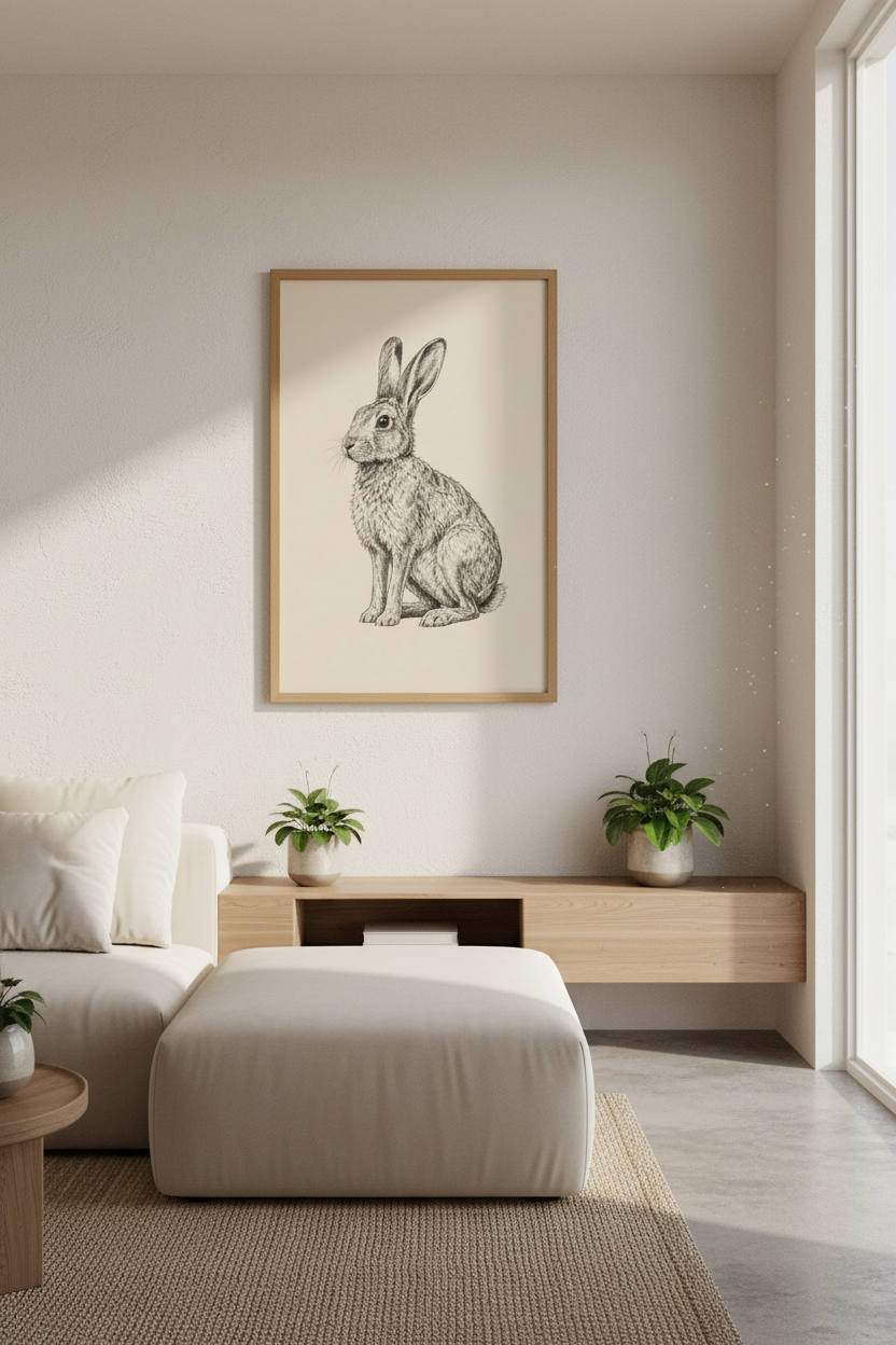 Vintage Hare Portrait | Rustic Sketch, Nursery &amp; Farmhouse Wall Art Print