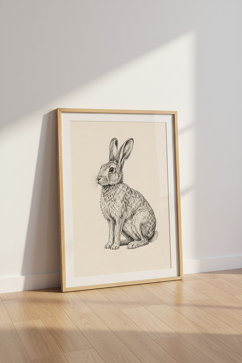 Vintage Hare Portrait | Rustic Sketch, Nursery &amp; Farmhouse Wall Art Print
